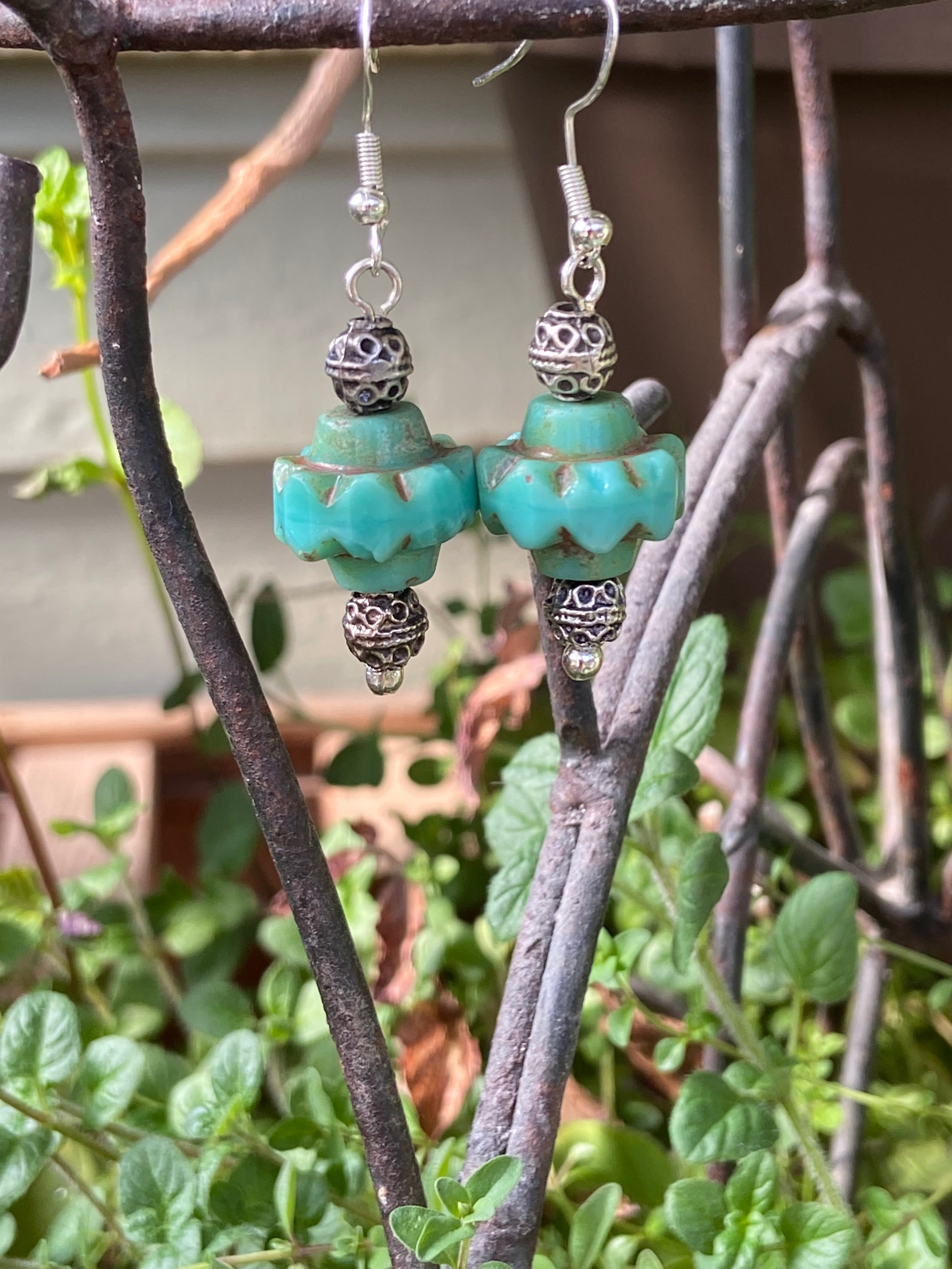 Turquoise Czech Glass Picasso Crown Bead Earrings