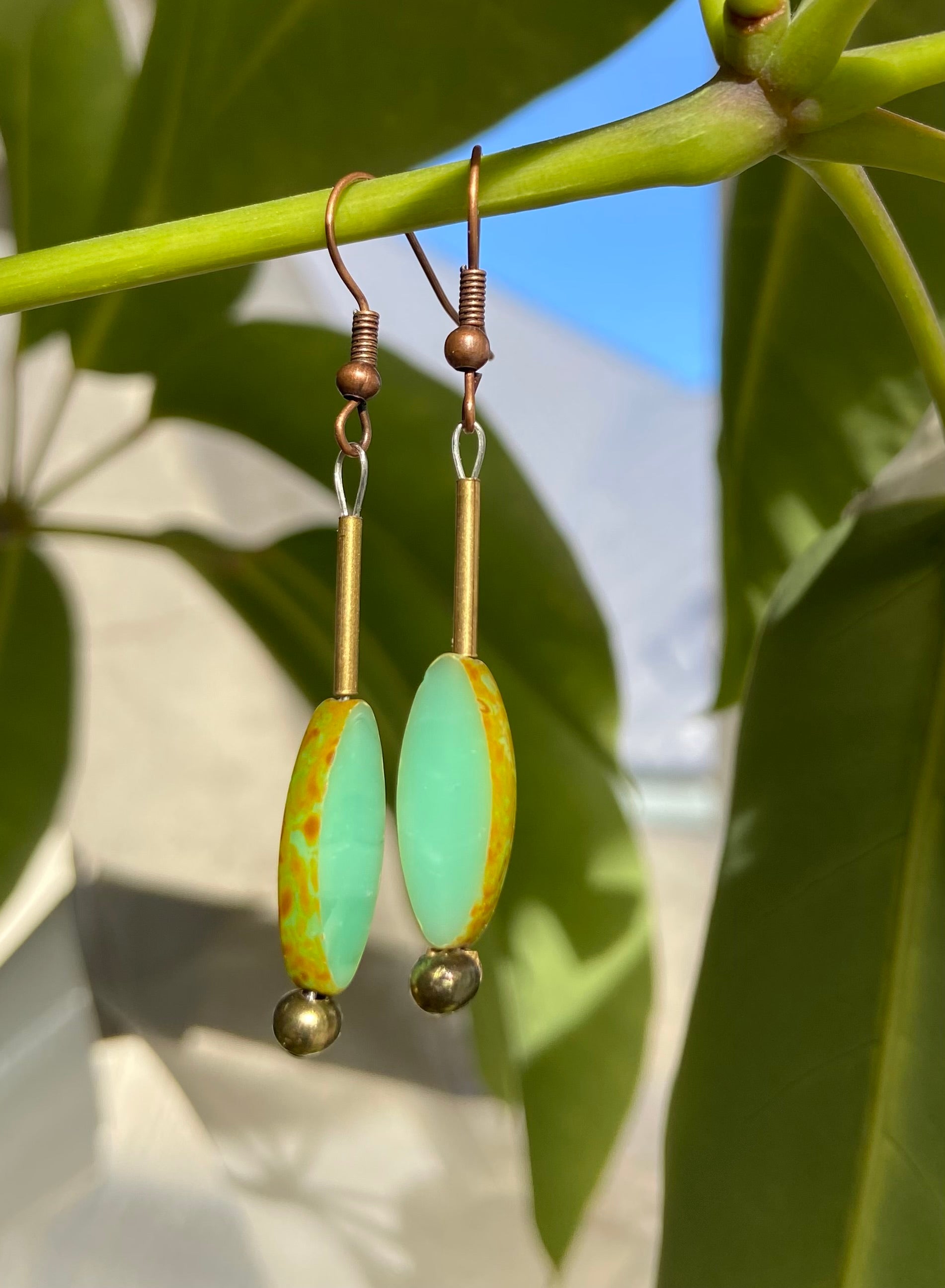 Czech Green Glass Oval Drop Earrings