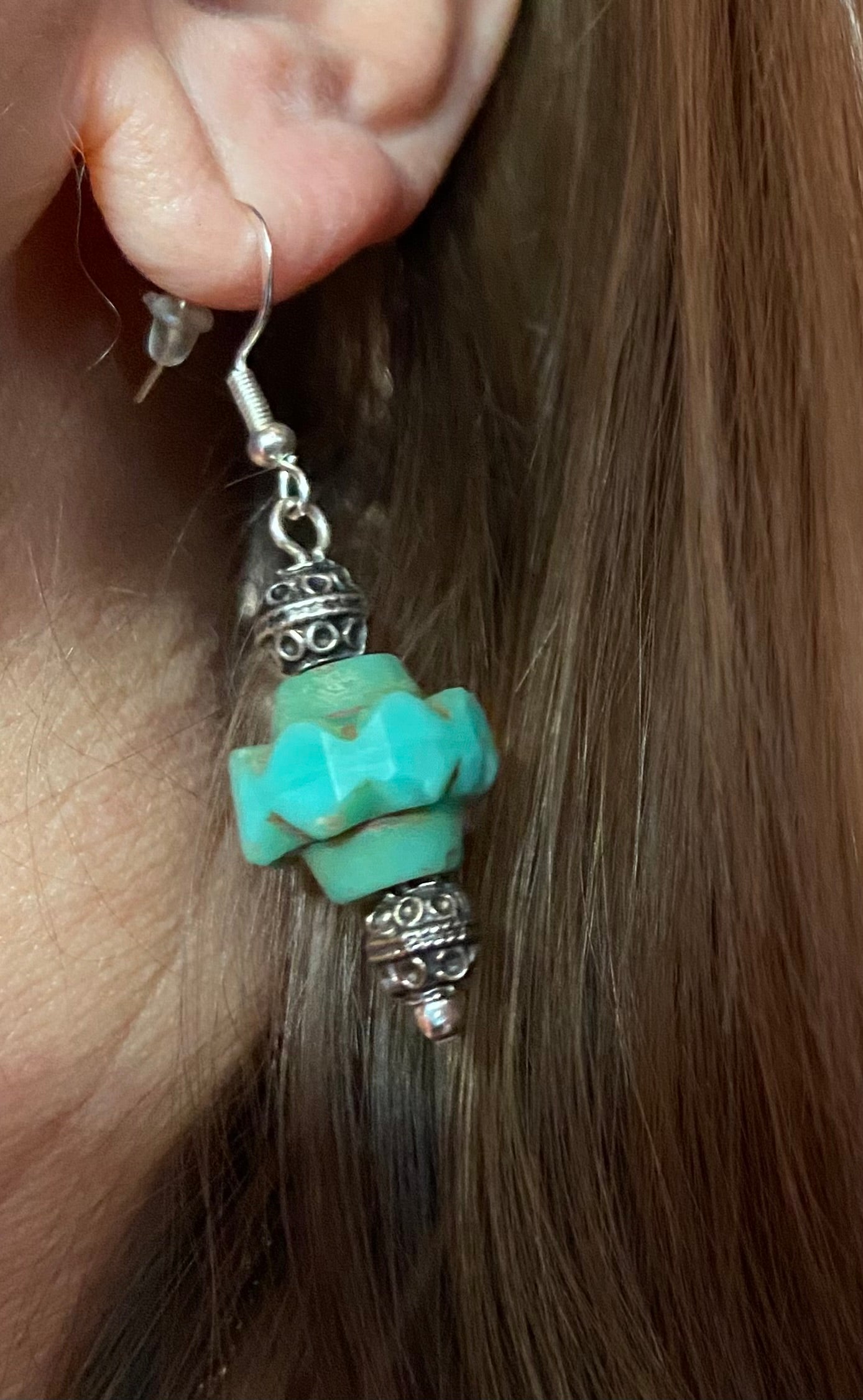 Turquoise Czech Glass Picasso Crown Bead Earrings