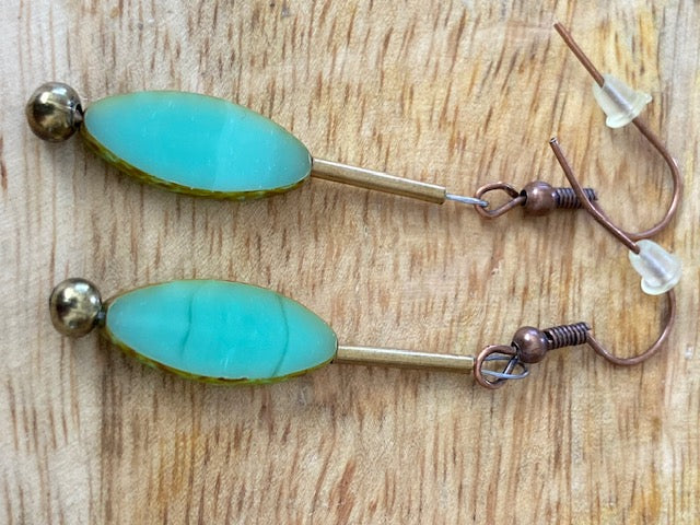 Czech Green Glass Oval Drop Earrings