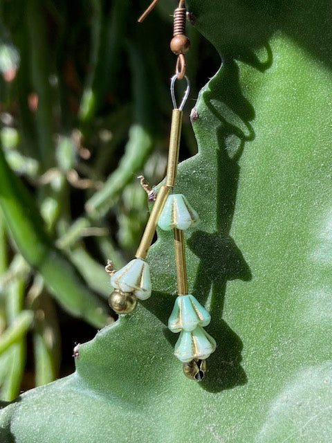 Green Czech Glass Bellflower with Brass Earrings