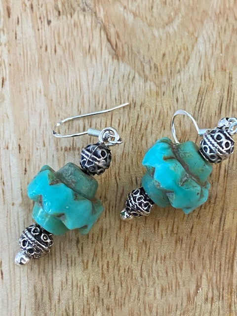 Turquoise Czech Glass Picasso Crown Bead Earrings