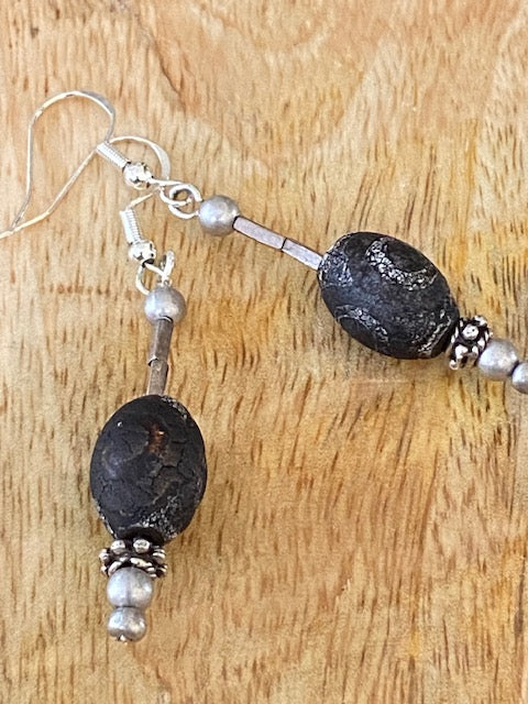 Antiqued Oval Eye Tibetan Agate and Silver Earrings