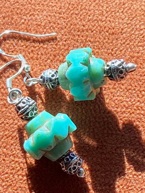 Turquoise Czech Glass Picasso Crown Bead Earrings