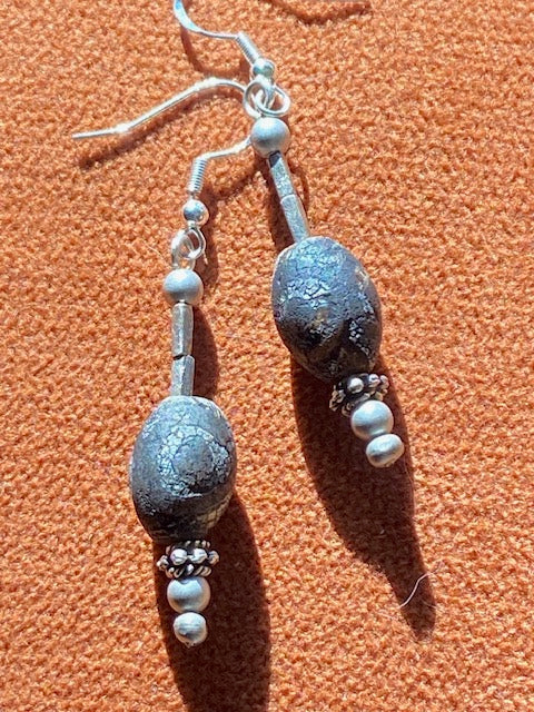 Antiqued Oval Eye Tibetan Agate and Silver Earrings