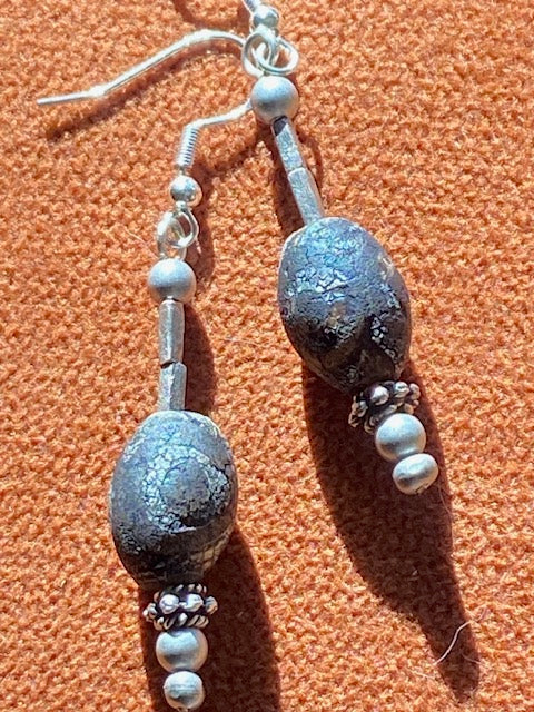 Antiqued Oval Eye Tibetan Agate and Silver Earrings