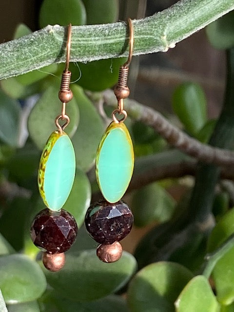 Garnet and Green Czech Glass Earrings