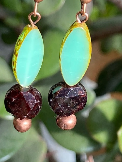 Garnet and Green Czech Glass Earrings