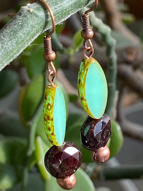 Garnet and Green Czech Glass Earrings