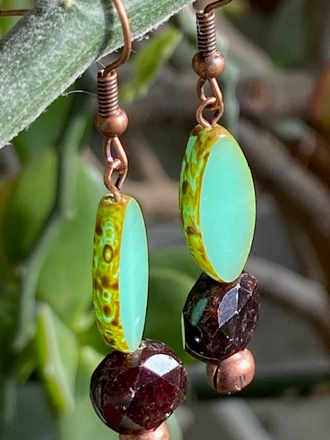 Garnet and Green Czech Glass Earrings