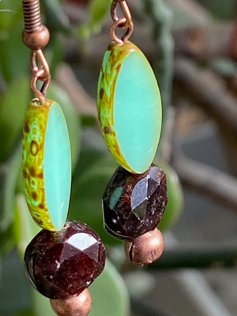 Garnet and Green Czech Glass Earrings