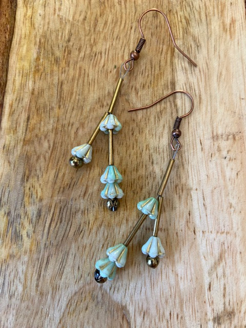 Green Czech Glass Bellflower with Brass Earrings