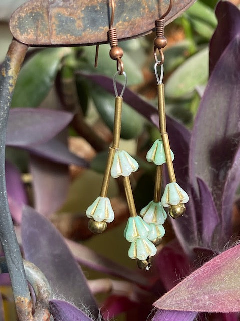 Green Czech Glass Bellflower with Brass Earrings